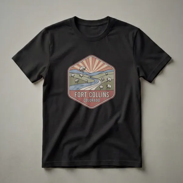 Black graphic t-shirt with a vintage hexagonal badge showing Fort Collins Colorado with a winding river through an open valley, cottonwood trees, and a sunburst sky in rust, gold, teal, and olive tones.