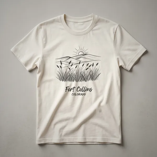 White graphic t-shirt with a minimalist line art sketch of Fort Collins Colorado showing mountains on the horizon, grassland in the foreground, and a sun with Fort Collins Colorado text below.