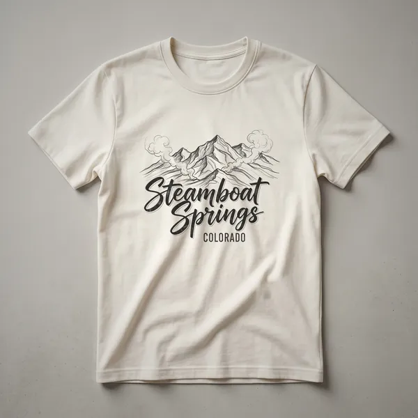 Black t-shirt featuring a sketch of mountains and clouds with the text 'Steamboat Springs Colorado' in a stylized font.