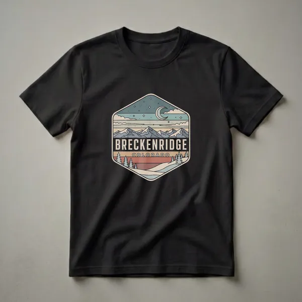 A retro graphic t-shirt design featuring a hexagonal scene of Breckenridge, Colorado, with mountains, pine trees, and a night sky with a moon and stars.