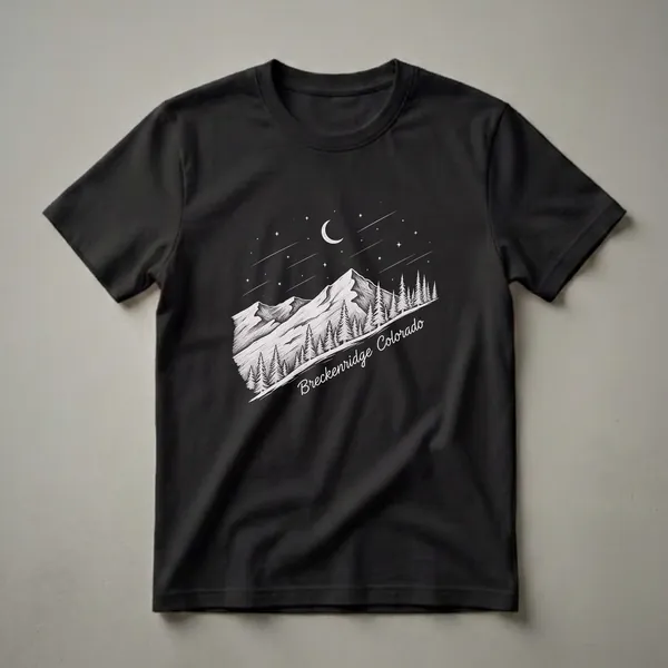Black graphic t-shirt with a fine white line scratchboard illustration of Breckenridge Colorado showing a rocky mountain peak with pine trees in the foreground and a crescent moon in a star-filled night sky.