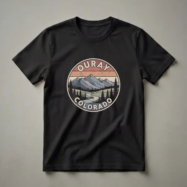 Black graphic t-shirt with a large circular retro badge showing Ouray Colorado with multiple mountain peaks, pine forest, a winding river, and a crescent moon in rust, teal, olive, and cream tones.