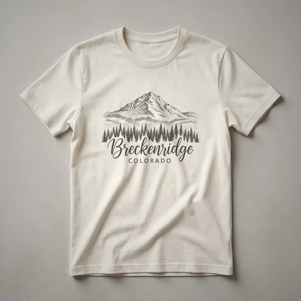 A sketch-style graphic t-shirt featuring a mountain range above a line of pine trees, with the words 'Breckenridge COLORADO' in script and block lettering.