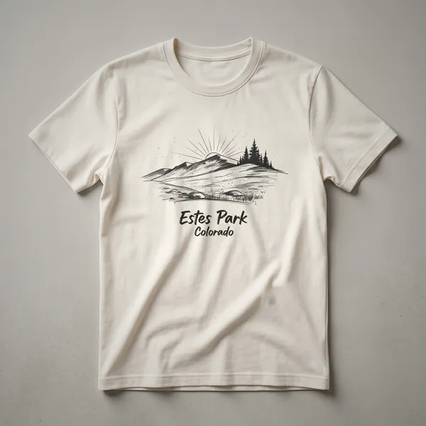 A sketch-style graphic t-shirt featuring a mountain landscape with a sunburst, pine trees, and the text 'Estes Park Colorado'.