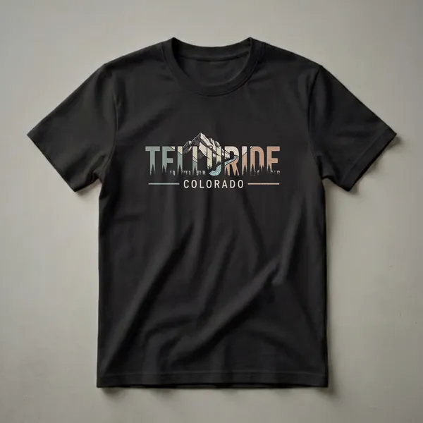 Black t-shirt featuring a retro graphic design with the word 'TELLURIDE' integrated with a mountain and river scene, and 'COLORADO' below.
