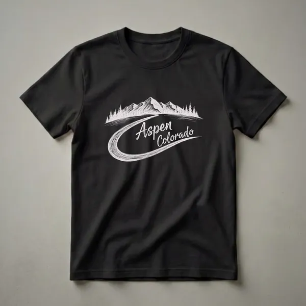 Black graphic t-shirt with white scratchboard illustration of Aspen Colorado showing a mountain highway curving through pine and aspen trees with a peak in the background and cursive Aspen Colorado script.