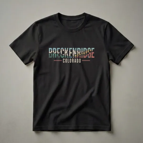 Retro Breckenridge Colorado graphic t-shirt with a mountain landscape filling the text and the word COLORADO below.