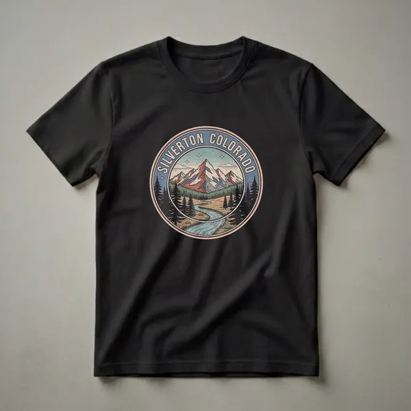 A retro graphic t-shirt featuring a circular design of Silverton, Colorado, with mountains, a winding river, and pine trees in a vintage art style.