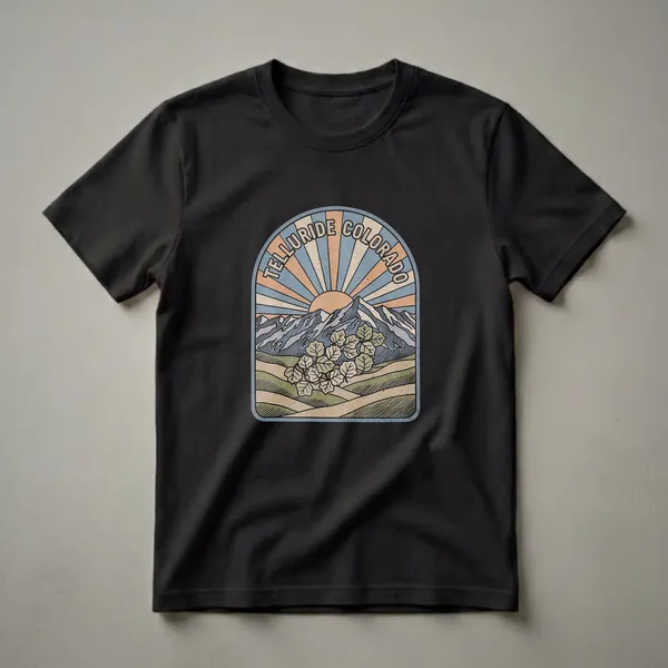 Retro graphic t-shirt featuring a sunburst over snow-capped mountains with green foliage in the foreground and 'Telluride Colorado' text in an arch.