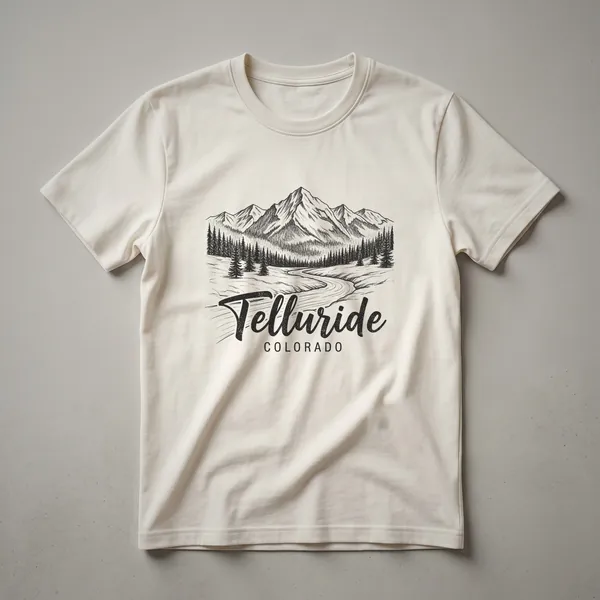 Black graphic t-shirt with a sketch art design of mountains, pine trees, and a winding road, with the text 'Telluride Colorado'.