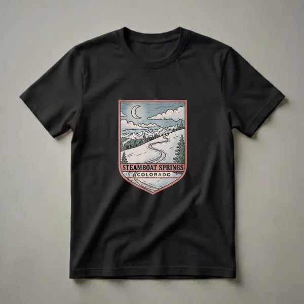 A retro graphic t-shirt design depicting a snowy mountain landscape in Steamboat Springs, Colorado, with a winding road, crescent moon, and clouds.