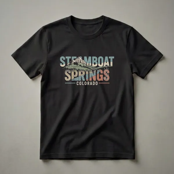 Black t-shirt with a retro graphic design of Steamboat Springs, Colorado, featuring mountains, pine trees, a winding river, and hot springs imagery.