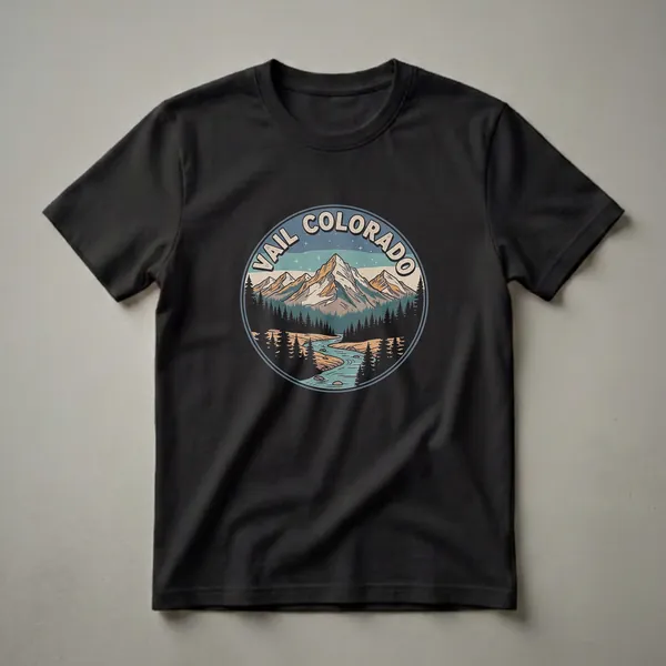 Retro graphic t-shirt featuring a circular design of the Vail, Colorado mountain landscape with pine trees and a river, text reads 'Vail Colorado'.
