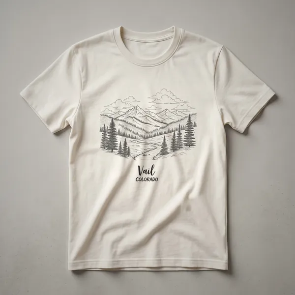 Black and white sketch graphic t-shirt featuring a mountain landscape scene of Vail, Colorado, with pine trees, a river, and clouds.