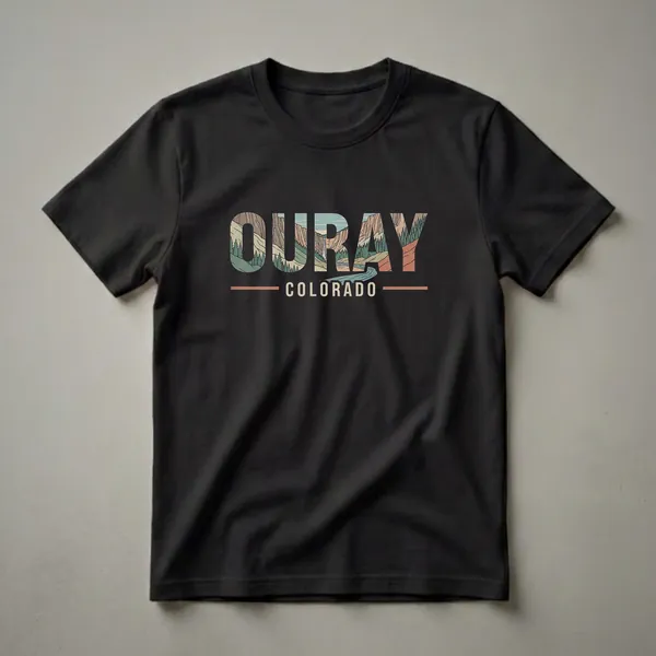 Black graphic t-shirt featuring the word OURAY filled with a retro illustration of a mountain landscape with a waterfall and river, and the word COLORADO below.