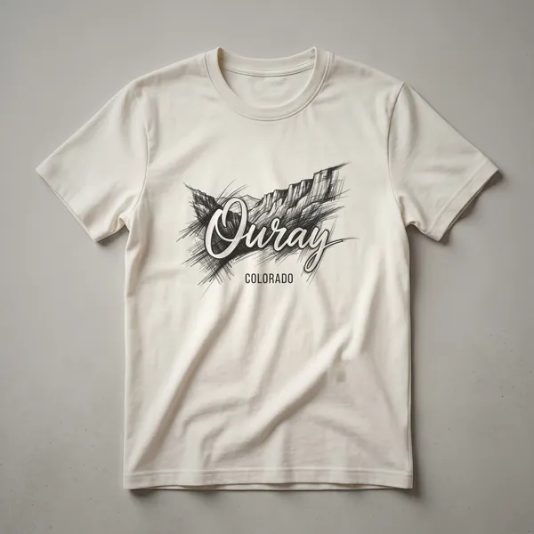 Black t-shirt with a sketch art design of mountains and the words 'Ouray Colorado' in stylized lettering.