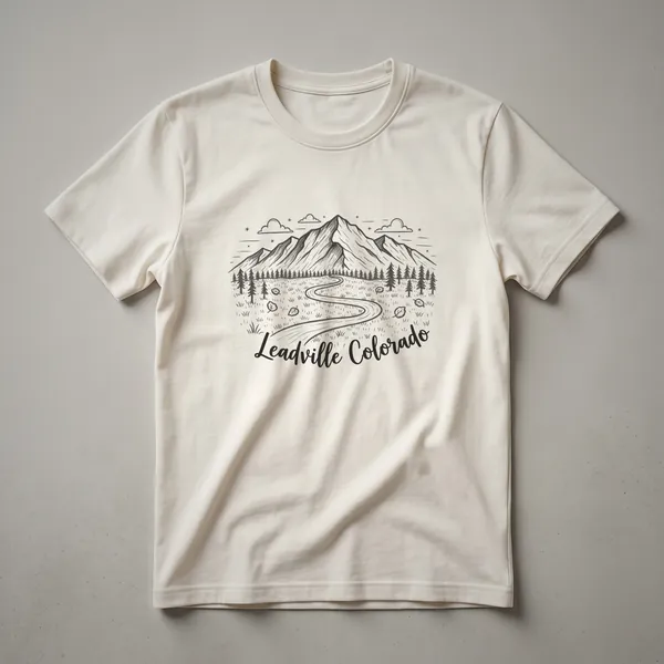 Black graphic t-shirt featuring a sketch art design of mountains, pine trees, a winding road, and clouds, with the text 'Leadville Colorado' in script.