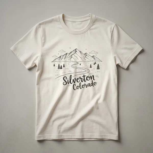 Black graphic t-shirt featuring a sketch of mountains, clouds, stars, pine trees, and a winding road with 'Silverton Colorado' text.