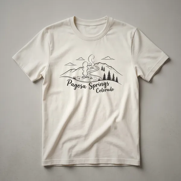 Black line art sketch on a t-shirt depicting a steaming geothermal hot spring in Pagosa Springs, Colorado, with mountains, pine trees, and clouds.