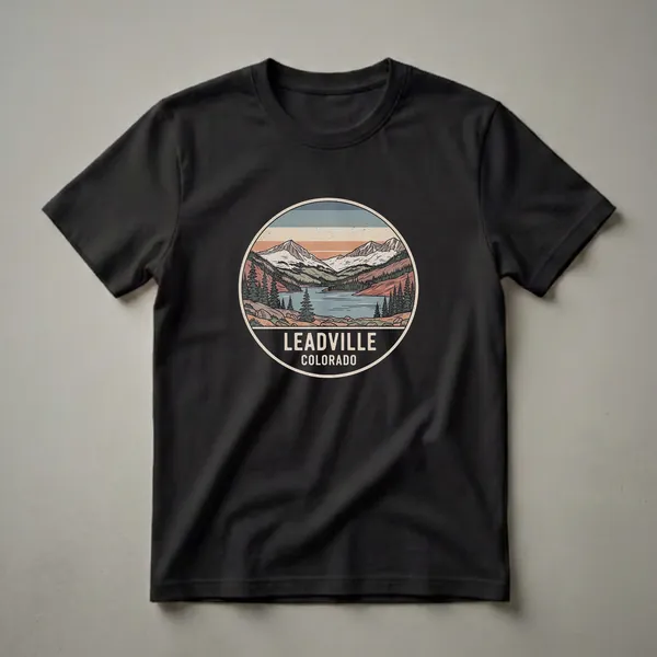 Retro graphic t-shirt featuring a circular design of a mountain lake scene with snow-capped peaks, pine trees, and the text 'LEADVILLE COLORADO'.