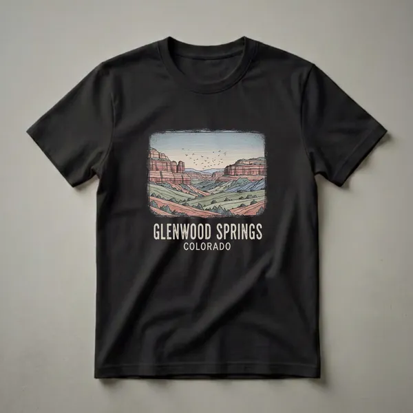 Black graphic t-shirt featuring a retro illustration of the Glenwood Springs, Colorado canyon landscape with layered rock formations, rolling hills, and birds in the sky, with text below.