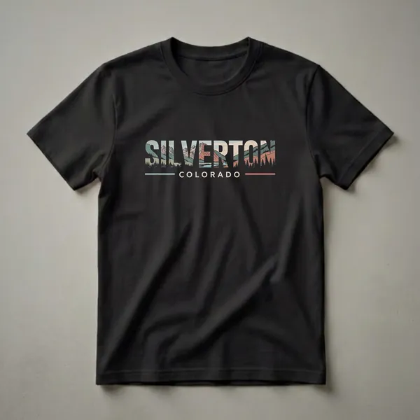 Black t-shirt with a retro graphic design that spells out 'SILVERTON' filled with a mountain landscape and 'COLORADO' below.
