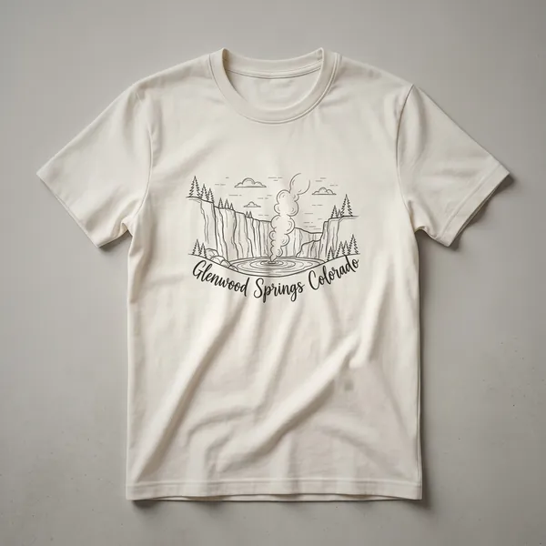 Black line art sketch on a t-shirt depicting the Glenwood Springs, Colorado hot springs with steam rising, surrounded by cliffs and pine trees, with the location name scripted below.