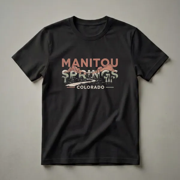 Black t-shirt with a retro graphic design of Manitou Springs, Colorado, featuring mountains, pine trees, and a winding road.