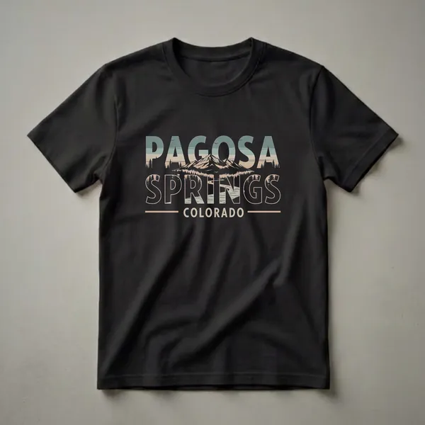 Black t-shirt with a retro graphic design featuring 'Pagosa Springs Colorado' text, a mountain range, pine trees, and a winding river.