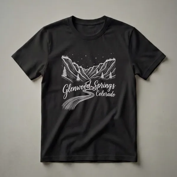 Black t-shirt with a white vintage line drawing of a mountain valley in Glenwood Springs, Colorado, featuring pine trees, a winding river, and a starry night sky.