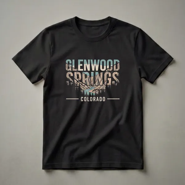 Black t-shirt featuring a retro graphic design with the words 'Glenwood Springs' overlaid on a canyon landscape with a river, and 'Colorado' below.