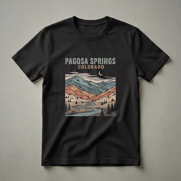 Black t-shirt with a retro graphic design of Pagosa Springs, Colorado, featuring a winding river, mountains, pine trees, and a crescent moon.