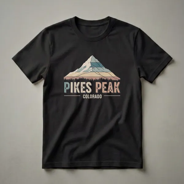 Black t-shirt with a retro graphic of Pikes Peak mountain, featuring layered colors, a pine tree silhouette, and the text 'PIKES PEAK COLORADO'.
