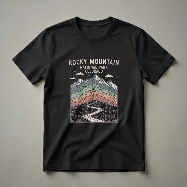Black t-shirt featuring a retro illustration of Rocky Mountain National Park, Colorado, with layered mountains, a winding road, and stylized clouds.