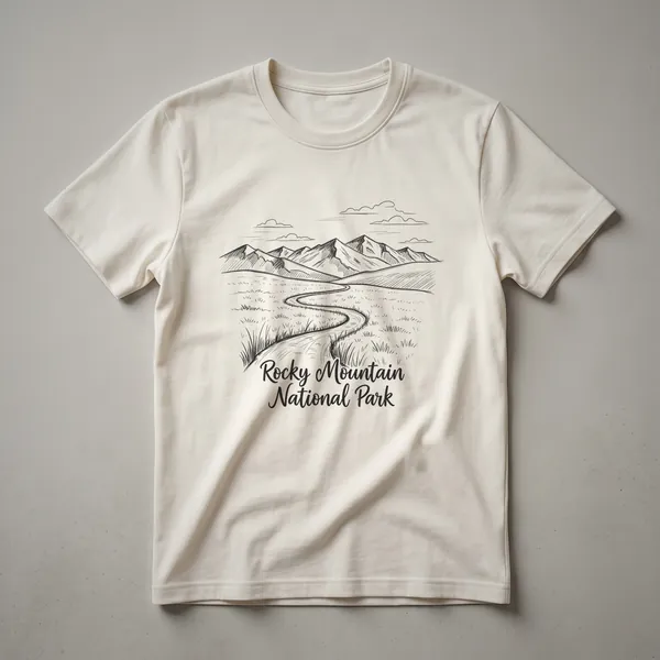 Black sketch design on a t-shirt depicting the Rocky Mountains, a winding path, and the words 'Rocky Mountain National Park'.