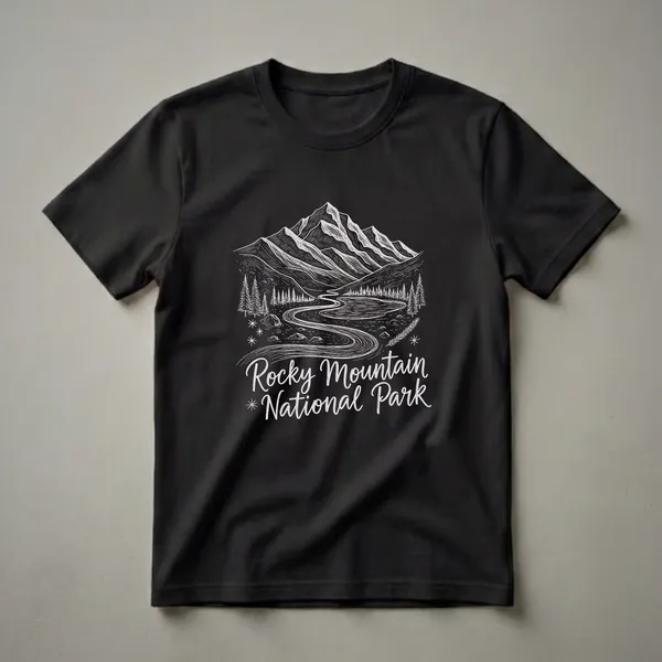 Black t-shirt with a white vintage line art design depicting the Rocky Mountains, a winding river, a lake, pine trees, and stars, with the text 'Rocky Mountain National Park'.