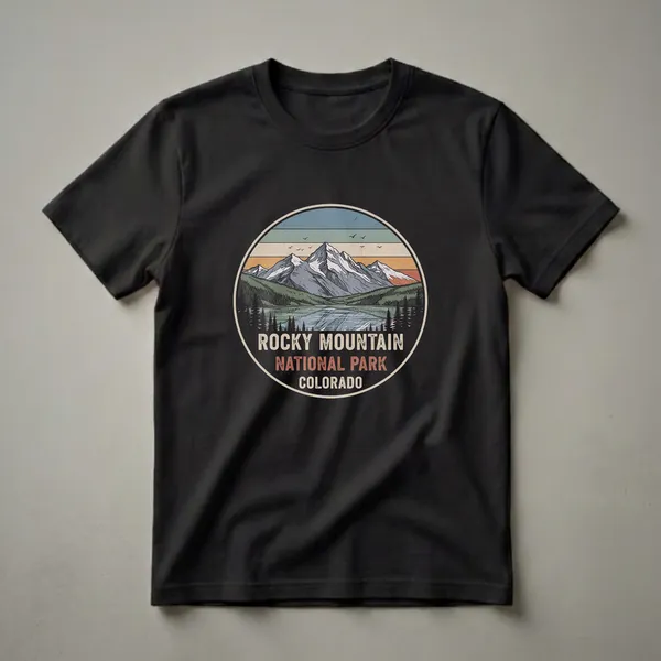 Black t-shirt featuring a retro graphic of snow-capped mountains, a pine forest, and a lake, with 'Rocky Mountain National Park Colorado' text.