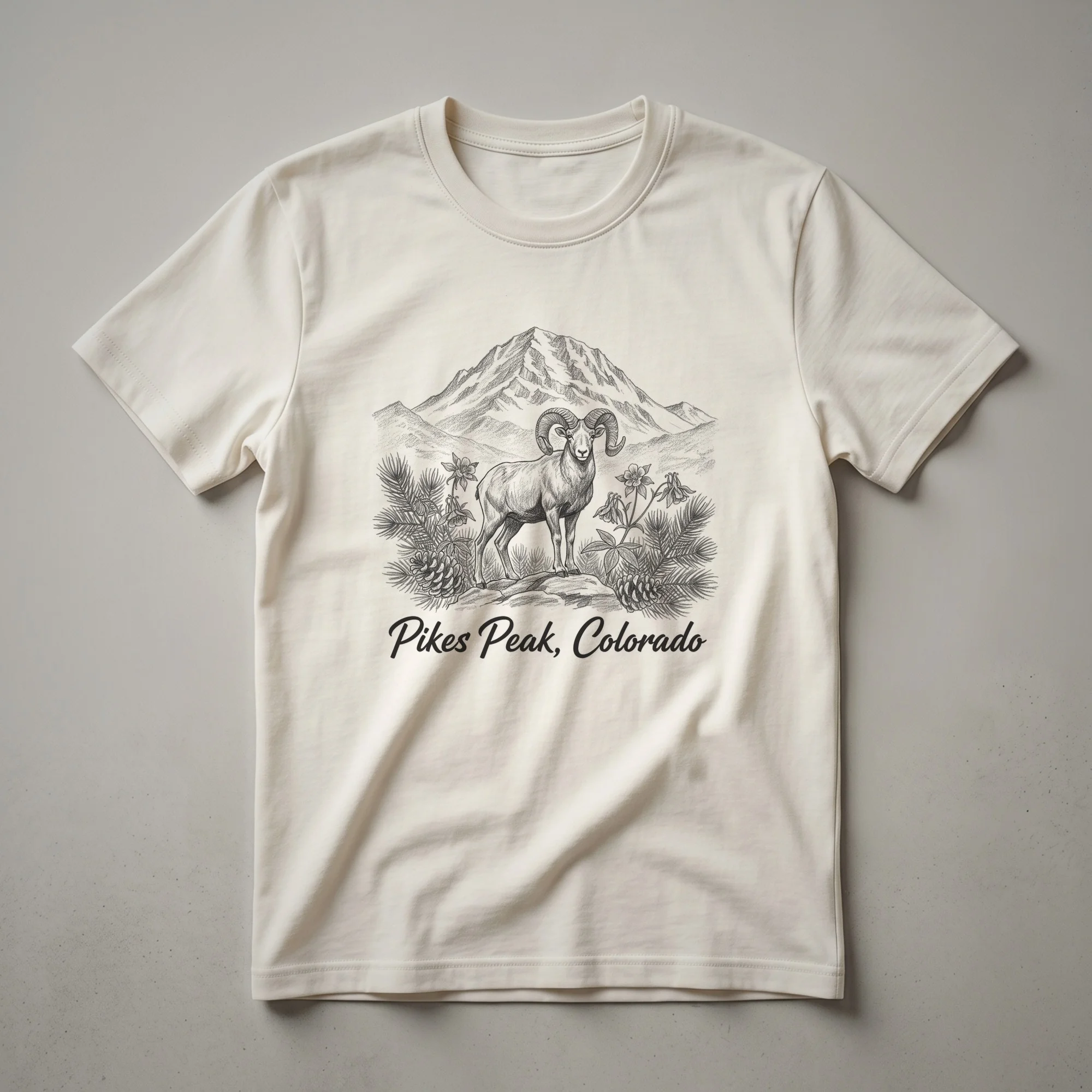 Black graphic t-shirt featuring a line art sketch of Pikes Peak, a bighorn sheep, pine branches, and columbine flowers with 'Pikes Peak, Colorado' text below.