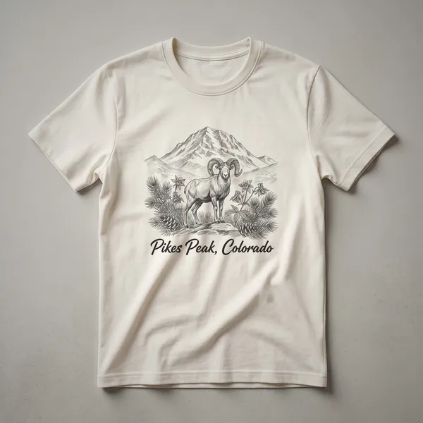 Black graphic t-shirt featuring a line art sketch of Pikes Peak, a bighorn sheep, pine branches, and columbine flowers with 'Pikes Peak, Colorado' text below.