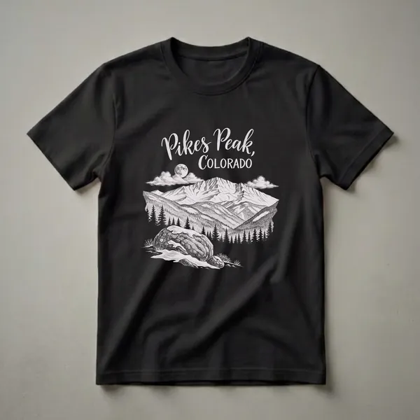 Black t-shirt with a vintage pencil drawing of Pikes Peak, Colorado, under a moonlit sky with clouds, pine trees, and snow-covered rocks in the foreground.