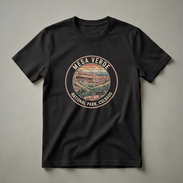 Black t-shirt featuring a circular retro graphic of Mesa Verde National Park, Colorado, with cliff dwellings, canyons, trees, and a sunset.
