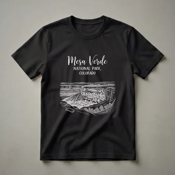 Black t-shirt featuring a white chalk-style drawing of Mesa Verde National Park, Colorado, showcasing cliff dwellings within a canyon landscape.