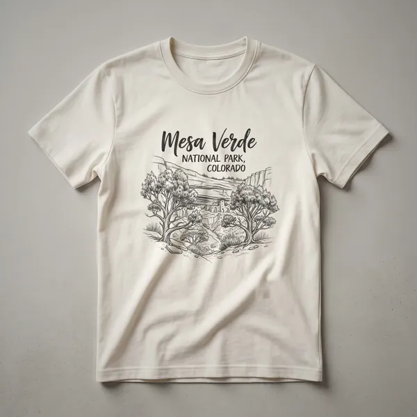 Black sketch art t-shirt featuring Mesa Verde National Park, Colorado, with cliff dwellings, trees, and rocky terrain.