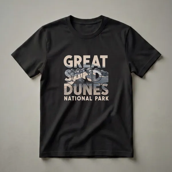 Black t-shirt with a retro graphic design for Great Sand Dunes National Park, featuring stylized text and a landscape of sand dunes and mountains.