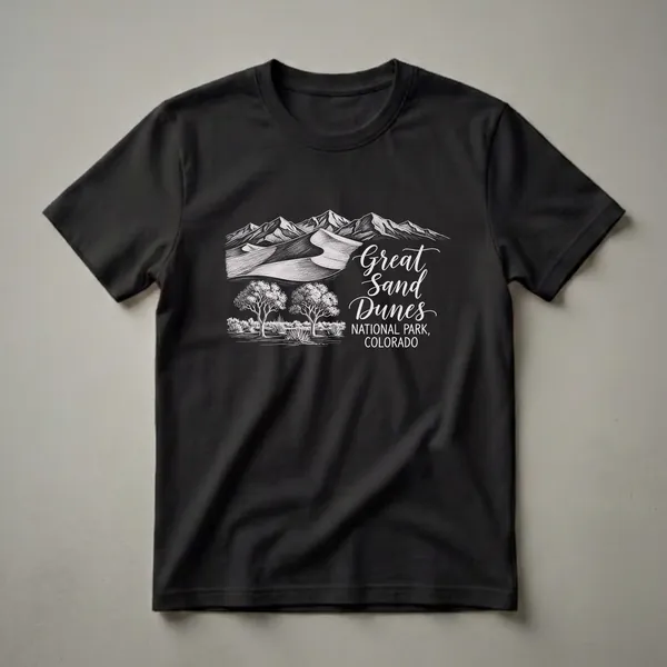 Black t-shirt with a white sketch illustration of Great Sand Dunes National Park, Colorado, featuring mountains, sand dunes, trees, and park name.
