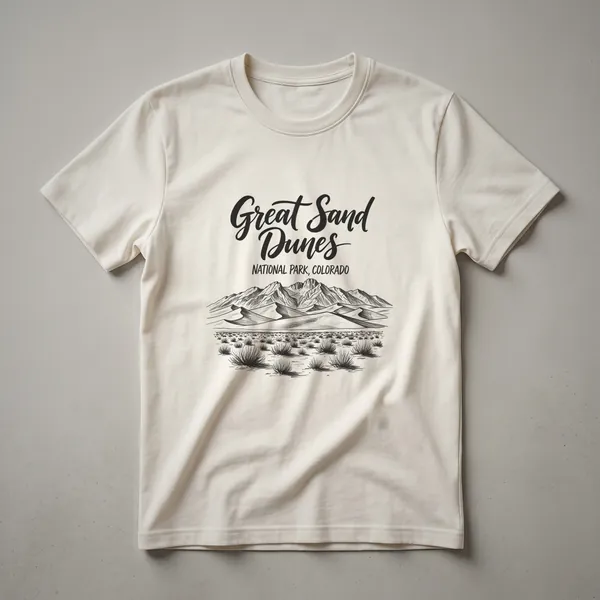 Black graphic t-shirt featuring a sketch of Great Sand Dunes National Park, Colorado, with sand dunes, mountains, and desert vegetation.