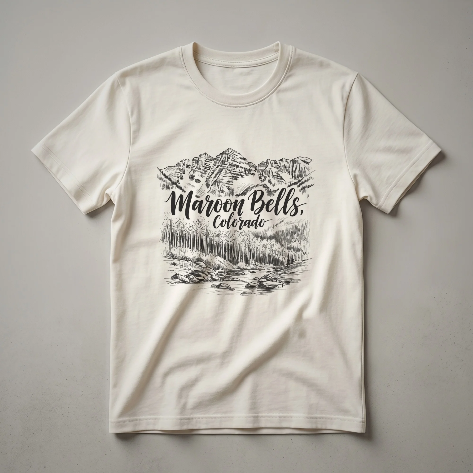 Black sketch art t-shirt featuring the Maroon Bells mountains, a forest, and a river, with 'Maroon Bells, Colorado' text.