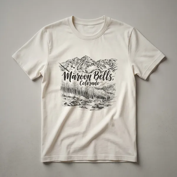 Black sketch art t-shirt featuring the Maroon Bells mountains, a forest, and a river, with 'Maroon Bells, Colorado' text.