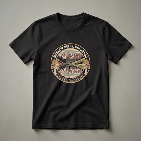 Black t-shirt with a circular retro graphic of the Maroon Bells mountains reflected in a lake, surrounded by trees and wildflowers.
