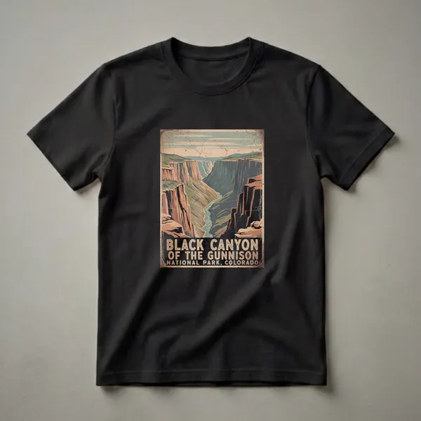 Black graphic t-shirt featuring a retro illustration of the Black Canyon of the Gunnison National Park in Colorado, with steep cliffs and a winding river.